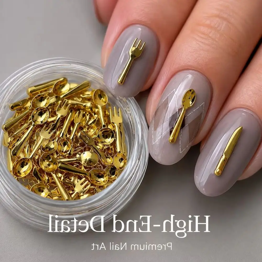 50Pcs Ins Korean Style Nail Art Decor Mini Spoon Fork Cutlery Charms 2‑Color Gold Silver Metal Studs For Nail Salon DIY Supplies