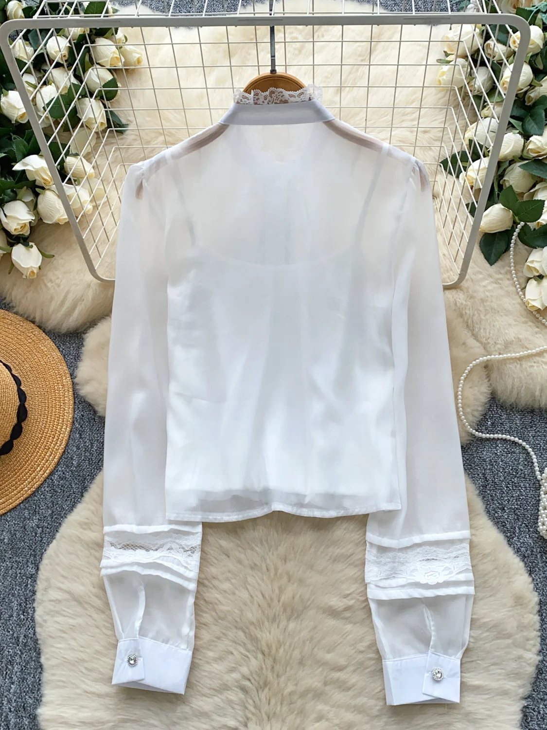 

Ele Long Sve Кружевная блузка с узлом Женская мода Универсальный шифоновый топ Высококачественный дизайн Feelings Splice Design