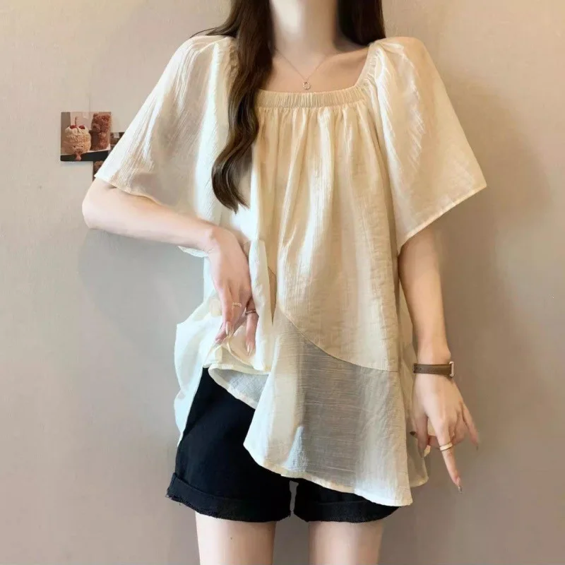 Women Beige Square Neck Blouse Batwing Short Sleeve Asymmetric Hem Flowy Layered Casual Summer Top
