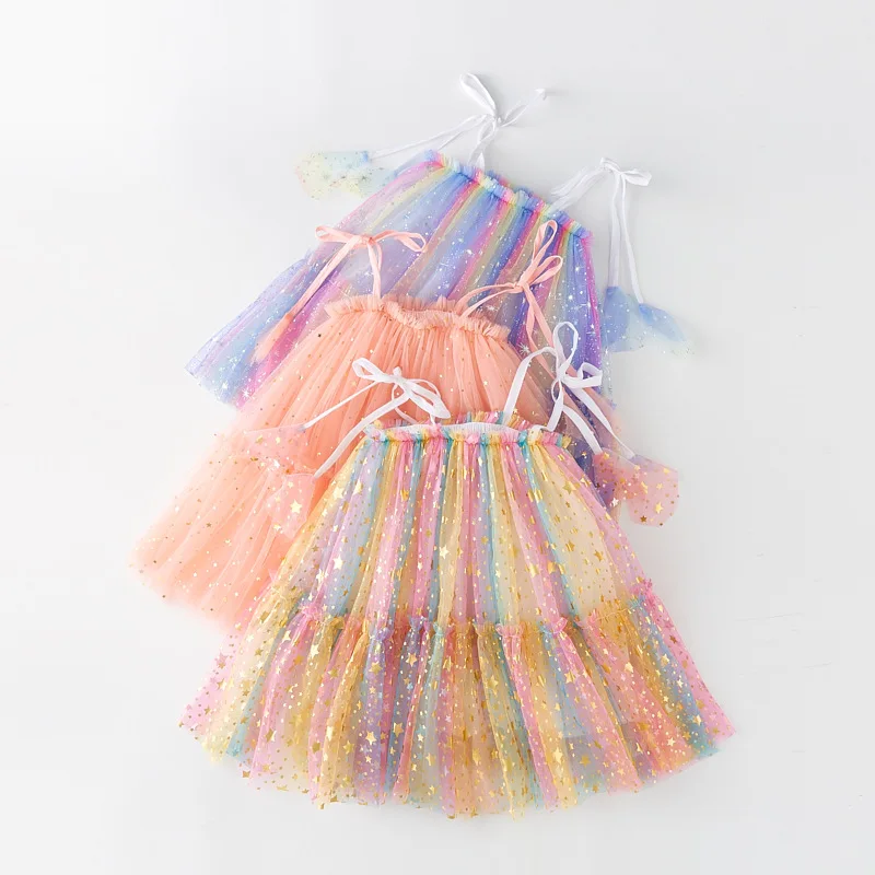 Girls Dresses for Summer Sleeveless Baby Birthday Mesh Dress Children's Party Princess Dress Rainbbow Kids Casual Clothes CC092 image 6
