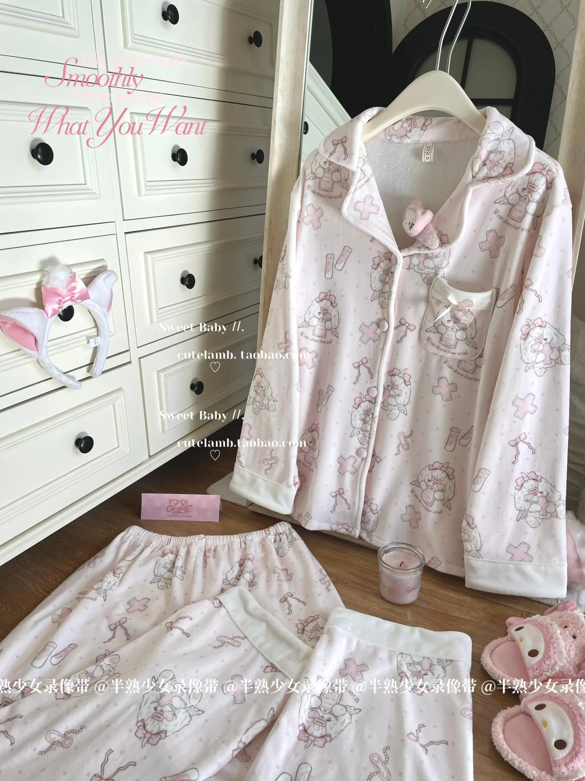 Pijamas de color rosa suave para otoño e invierno, ropa de dormir con solapa de manga larga y estampado de dibujos animados, conjuntos de 2 piezas, ropa cálida para el hogar, 2024