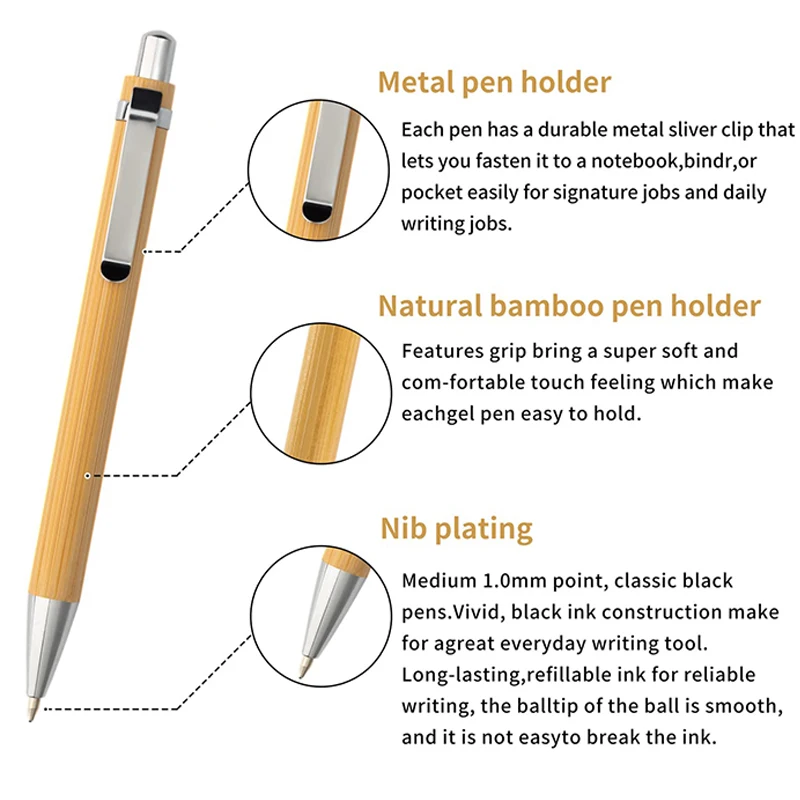 10Pcs Bamboo Wood Ballpoint Pen 1.0mm Tip Blue Black Ink Office School Wrting Stationery Business Signature Ball Pens