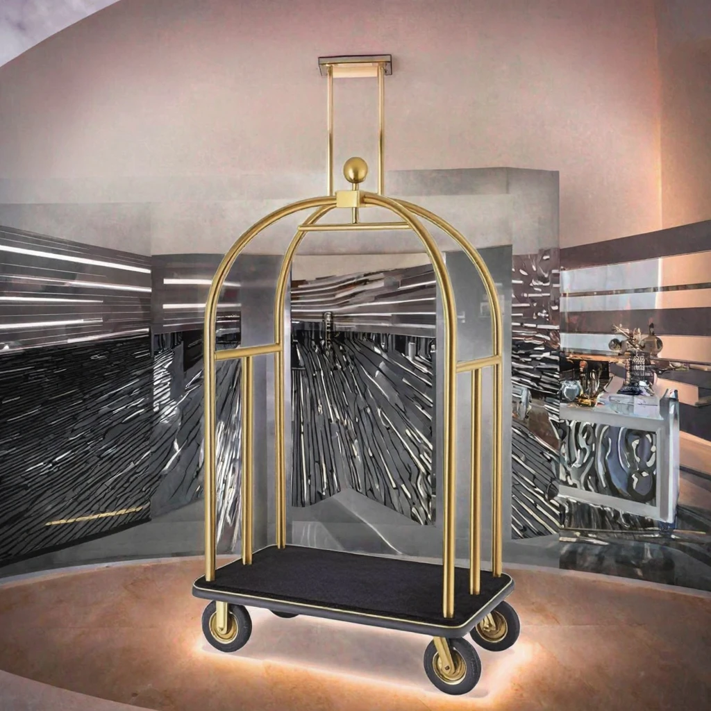 High-End Stainless Steel Birdcage Carts for Hotels Gold Heavy-Duty Luggage Trolley Lobby Amenities