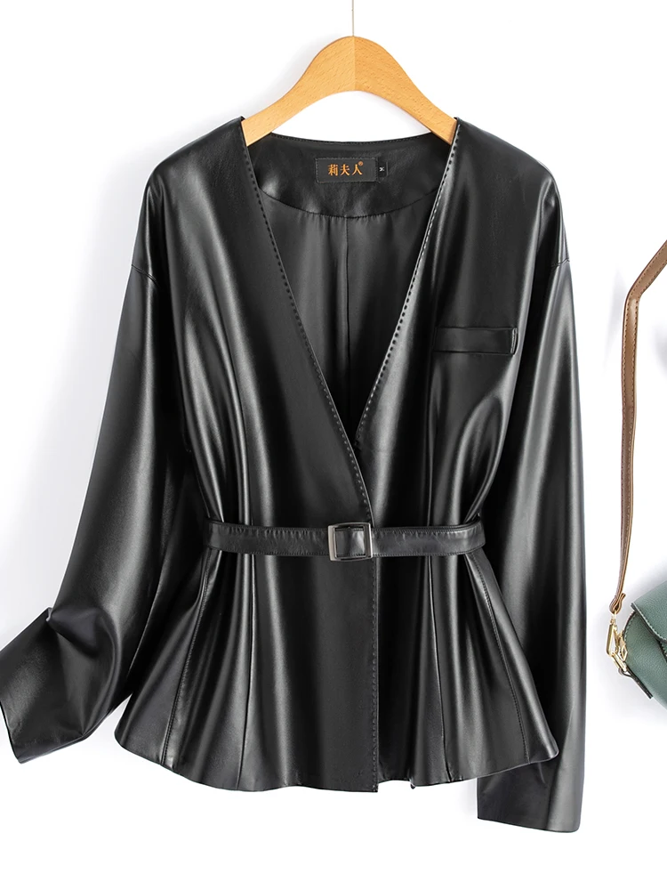 Premium leren jas dames kort zwart 2025 Nieuwe herfst winter stijl klein formaat jas schapenvacht leren jas woon-werkverkeer stijl