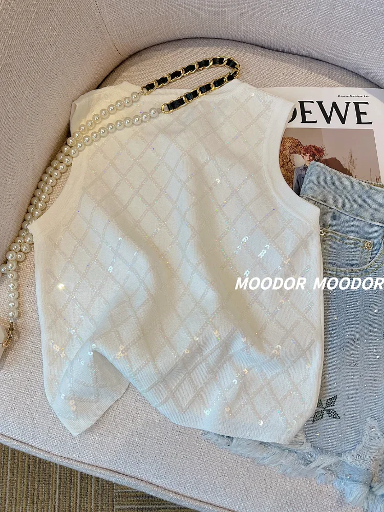 Argyle Sequins Knit Vest Women Pullover 2024 Summer New O-neck Fashion Chic Sleeveless Sweater Vests Knitwear Crop Tops Jumper