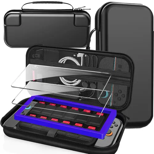 Imagen 1 del producto Estuche de transporte de viaje para Switch 2 2025, soporte para paquete de accesorios de gran volumen, 2 protectores de pantalla con 12 tarjetas de juego, negro