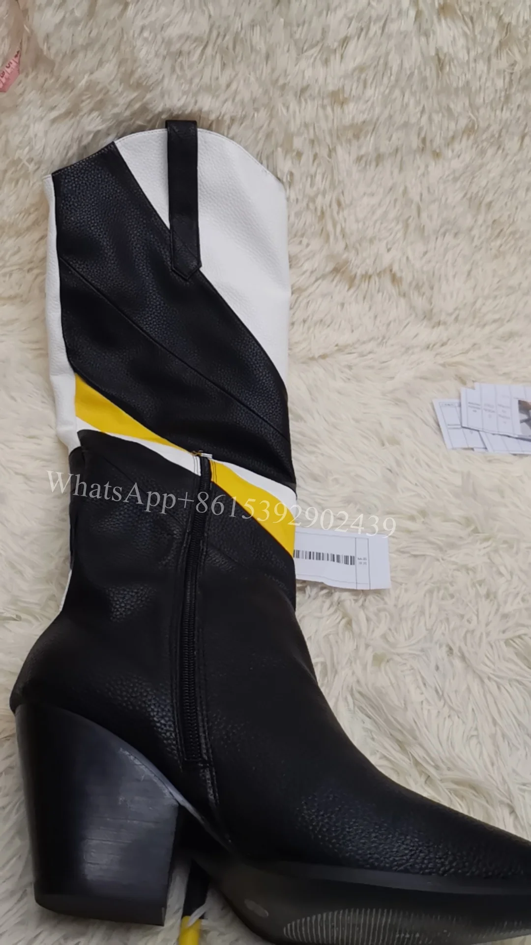 Graffiti Textured Leather Women Knee Boots White Yellow Black Color block Block Short Heel Pointed Zip Booties Brand Design Shoe