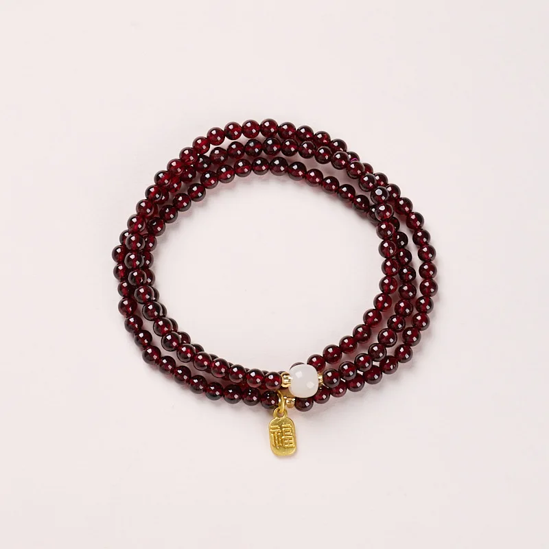 

Natural Garnet Bracelet Hetian Jade Fortune Pendant Triple Wrap Crystal Bracelet Gifts