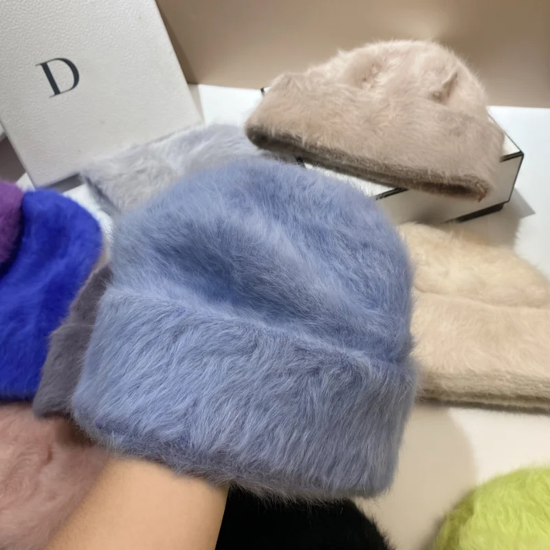 Korean Plush Two Wear Beanies Cap Womne AuWarm Angora Rabbit Fur Fluffy Winter Hat Fashion Simple Light Version Knitting Hats