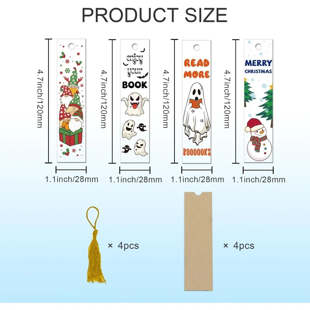4 Set Segnalibri pressati in acrilico per Halloween e Natale Segnalibri in acrilico trasparente Etichette per libri rettangolari con 4 nappe