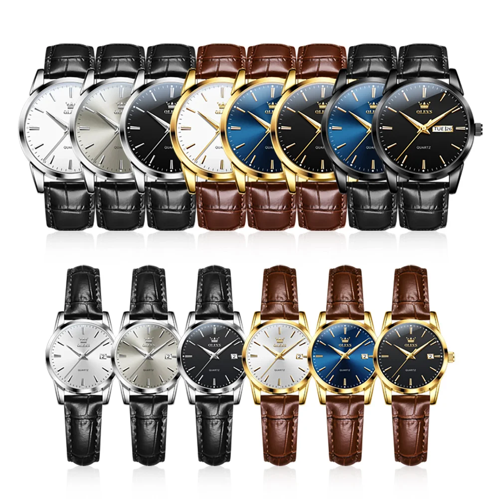 OLEVS Couple Watch Original Classic Quartz Watches Waterproof Luminous Date Week Watches for Couples Leather Strap Reloj 6898