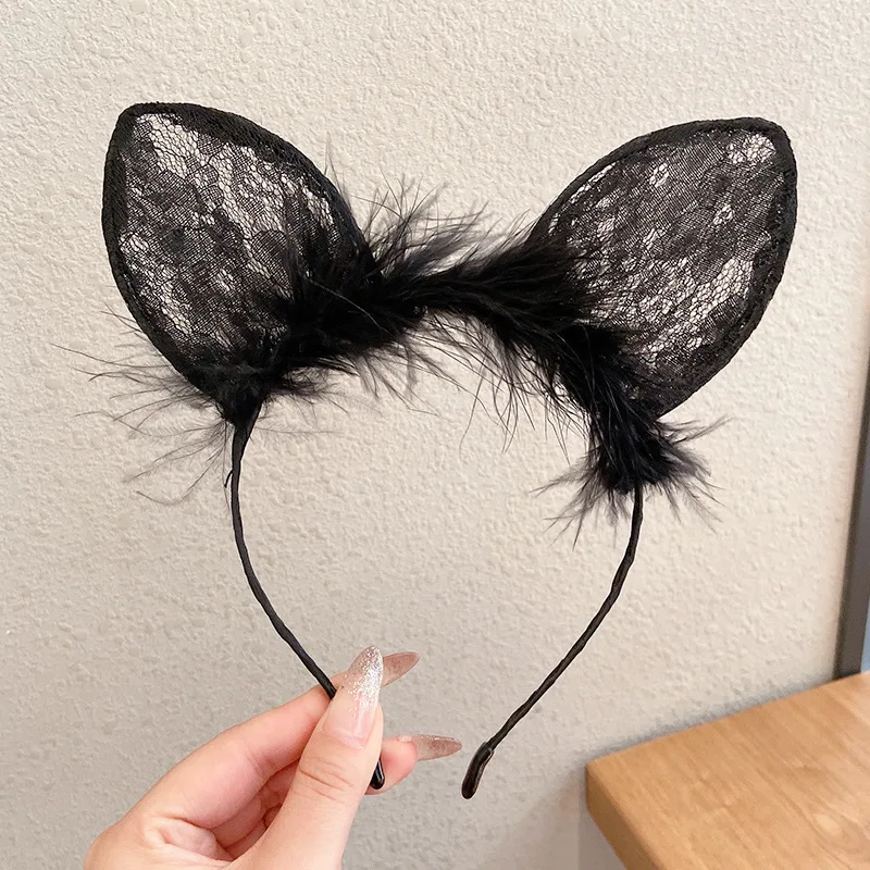 Sexy White Black Head Bezel Hairy Feather Lace Cat Ears Cute HairBand Solid Color Cosplay Headdress Girls Women Hair Accessories