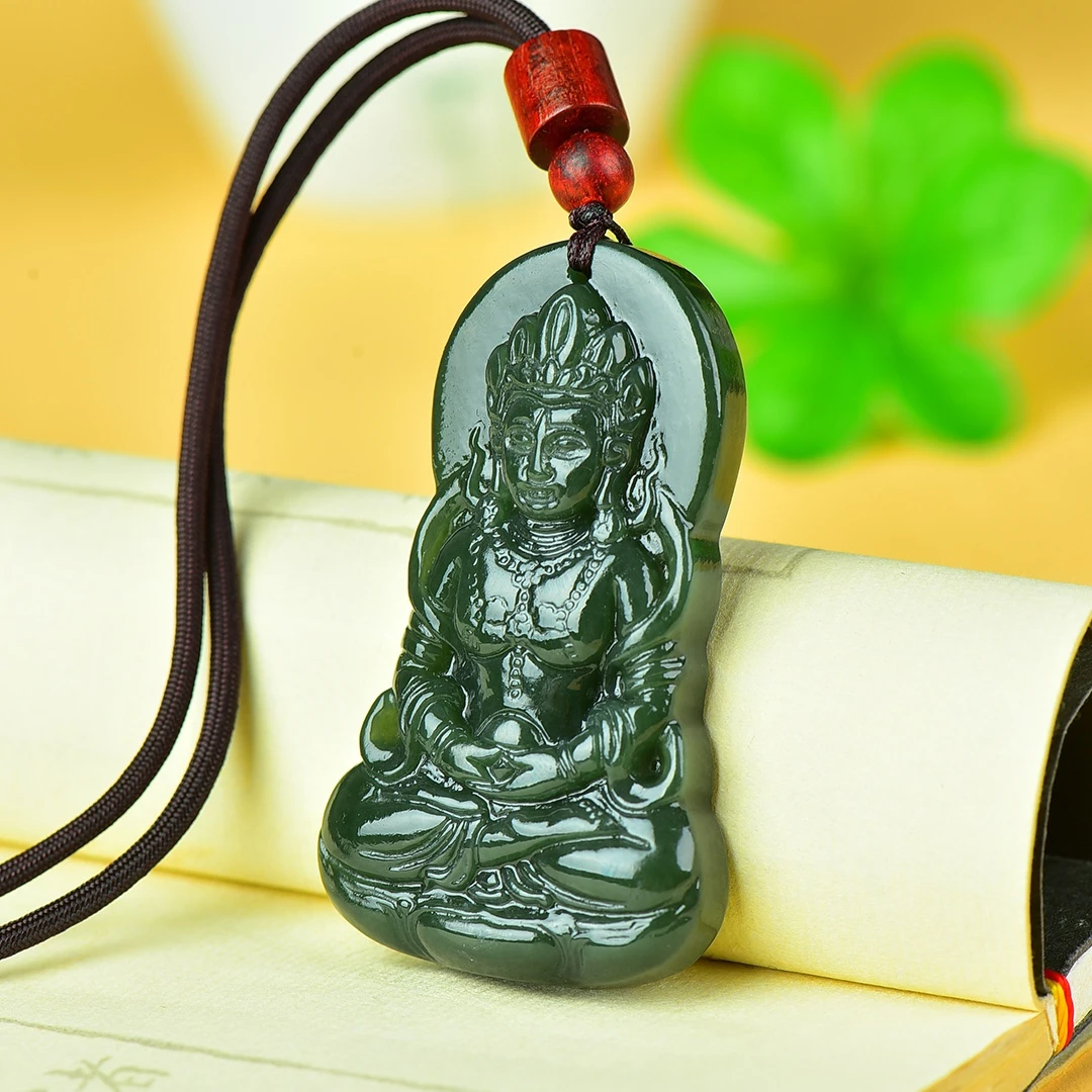 

Natural Nephrite Jade Guanyin Necklace Men Women Fine Jewelry Chinese Hetian Jade Green Tara Pendant Lucky Amulet Necklace
