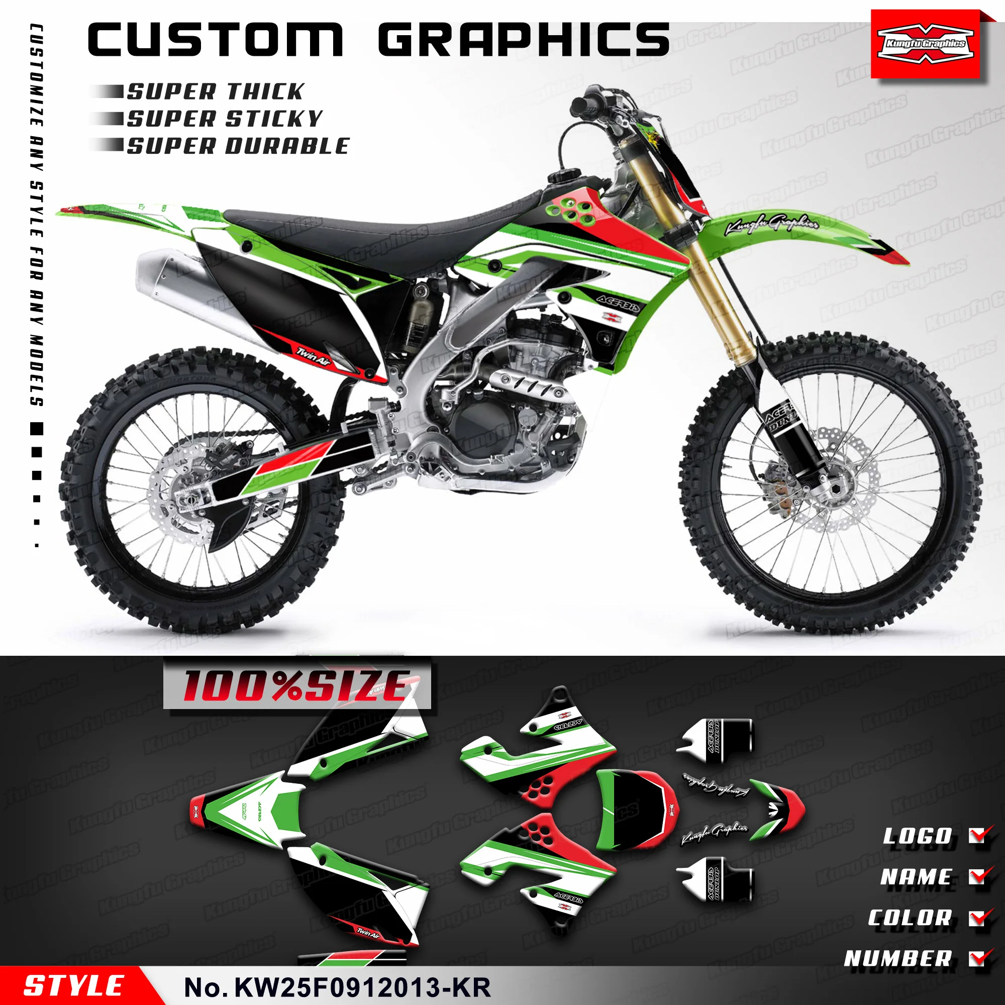 

KUNGFU GRAPHICS Adhesive Decals Vinyl Sticker for Kawasaki KX250F KXF250 2009 2010 2011 2012, KW25F0912013-KR