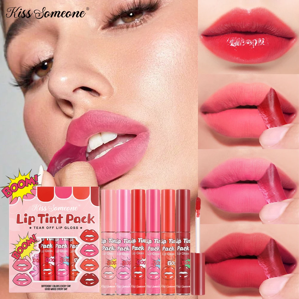 6pcs Set Tear-Off Lip Gloss Moisturizing Lip Mask Lipstick Lasting Color Waterproof Non-Sticky Tear-Off Lip Glosses