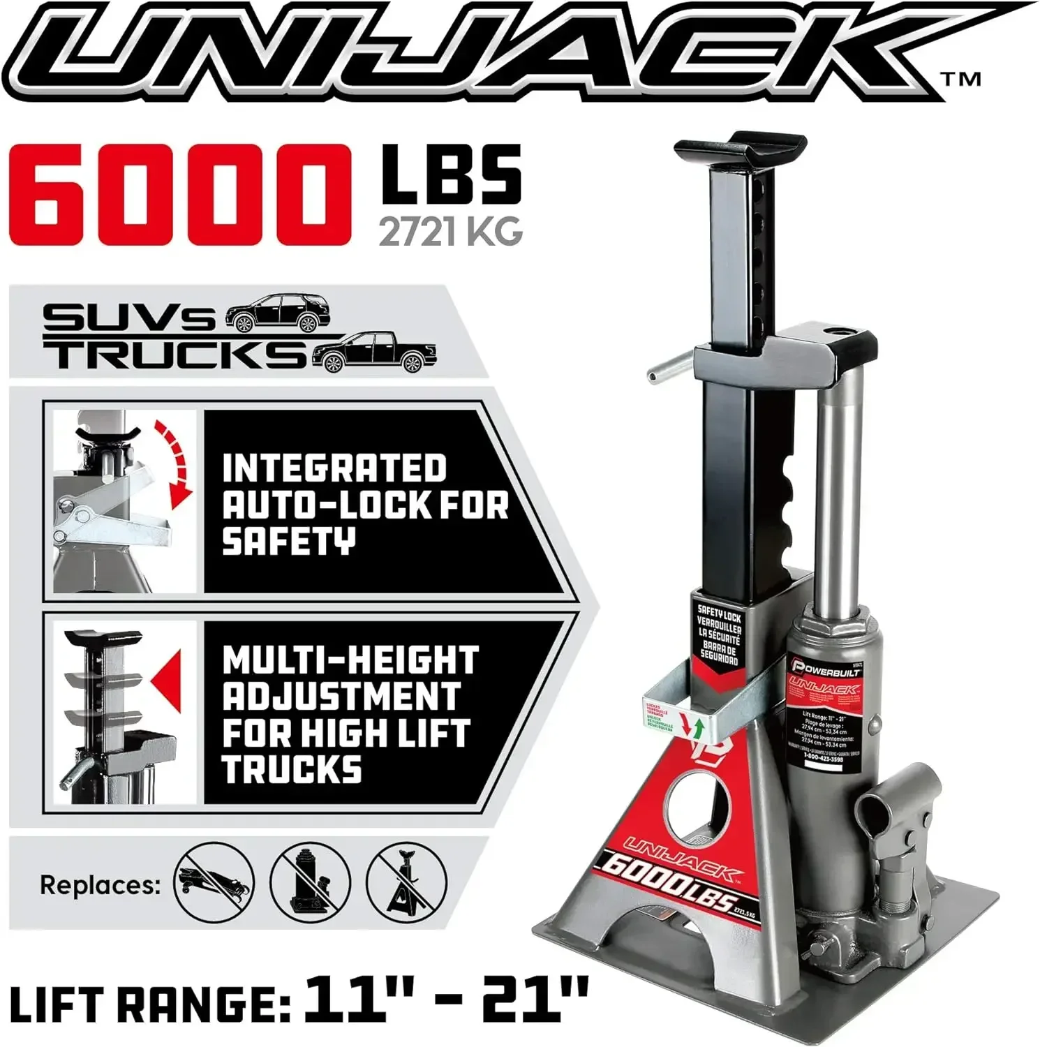 Powerbuilt 3 Ton, Bottle Jack and Jack Stands in One, 6000 Pound Capacity, All-in-One Car Lift, Heavy Duty Vehicle Unijack