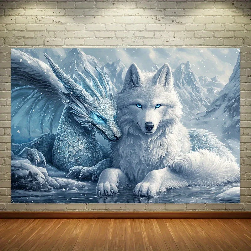 

1pc Ice Dragon and Wolf Tapestry Backdrop, Polyester Party Banner, Multipurpose Outdoor Event and Photography Props