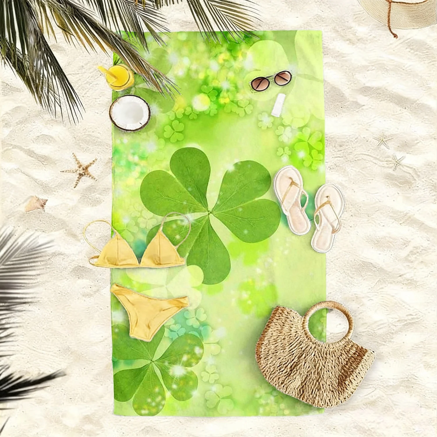 Fresh Four Leaf Clover Beach Towel, Soft Absorbent Quick Dry Microfiber for Beach Vacation Pool Party Outdoor Summer Fun