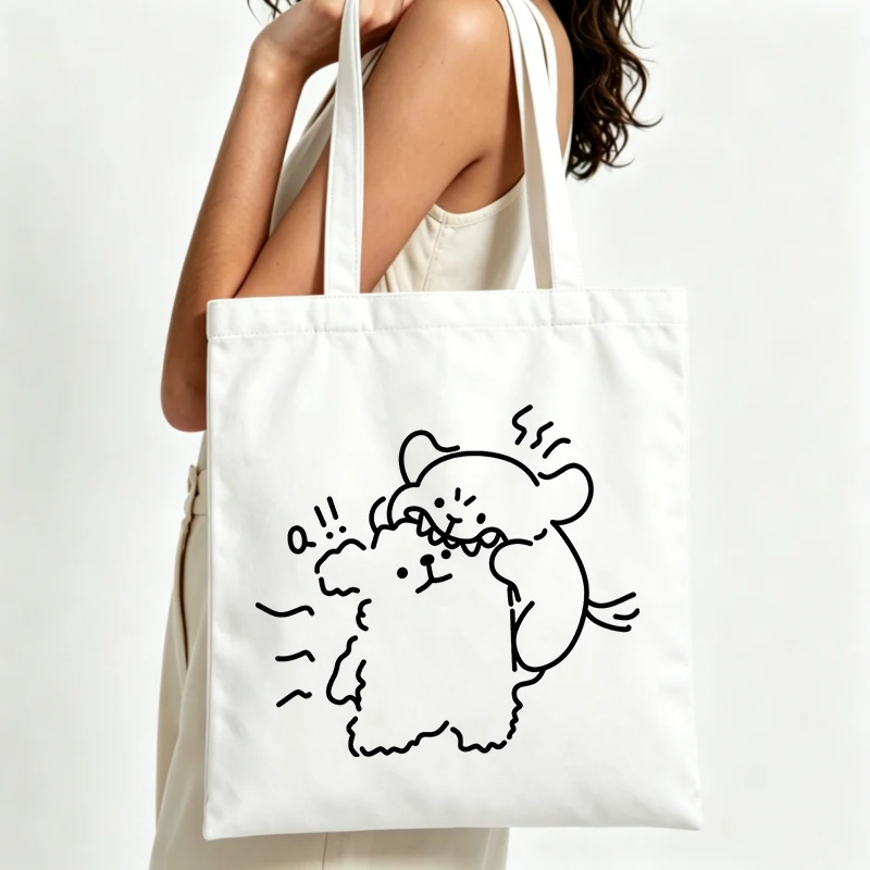 cute animal graphic canvas tote bag, casual style for daily shopping and weekend outings