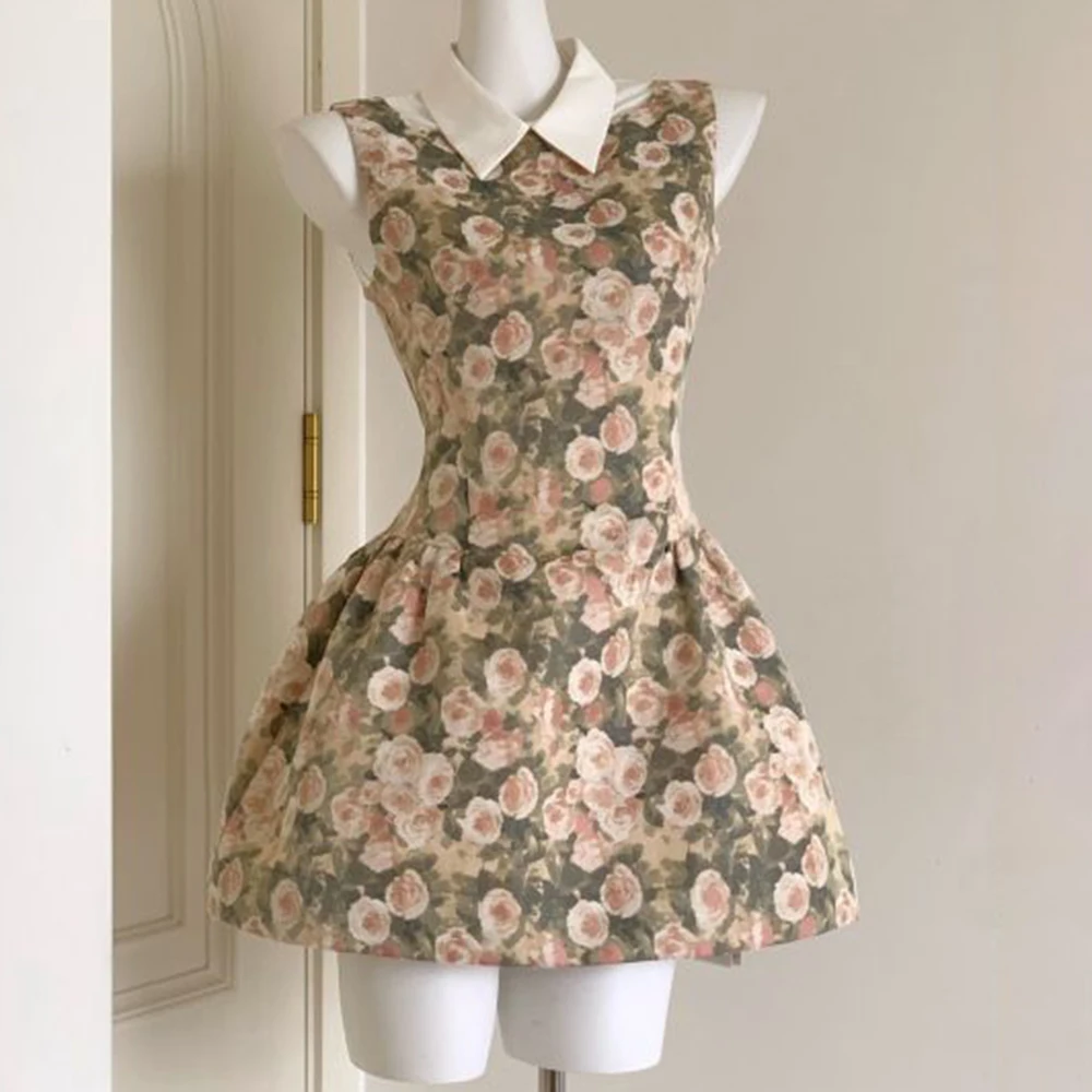 

[Rose] floral sleeveless dress French retro small man looking thin waist fresh temperament A-word short skirt