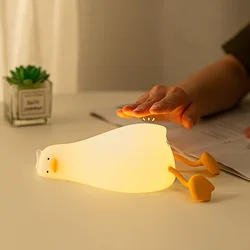 Pato plano tumbado recargable, lámpara de silicona, dibujos animados, lindo, luces nocturnas para niños, regalo de cumpleaños, decoración de la habitación de la cabecera