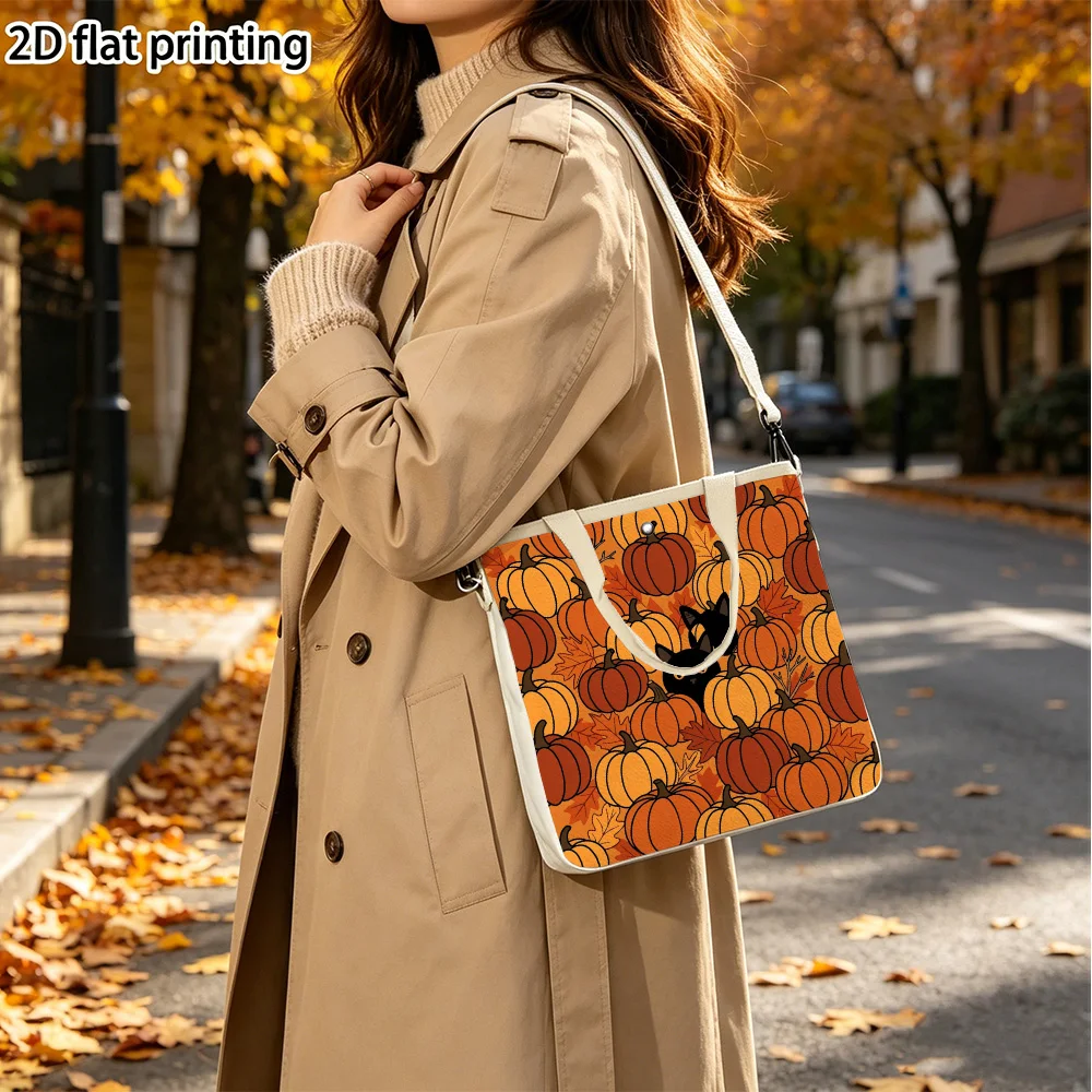 black cat among pumpkins Double-Sided Print Canvas Tote Handbag Removable Crossbody Strap Women Purse for Office Gym