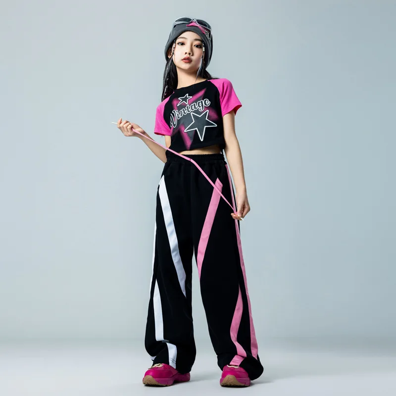 Nastoletnie dziewczęce spodnie Hip Hop Crop Tshirt słodkie ubrania ustawia dziecięce taniec uliczny biegaczy dziecięce Streetwear jazzowe kostiumy sceniczne