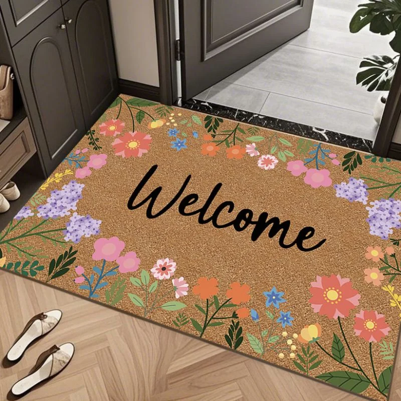 VIKAMA Welcome Wildflower Border Coir Spring Floral Nature Art Flannel Door Mat Non Slip Entryway Bedroom Living Room Home Decor