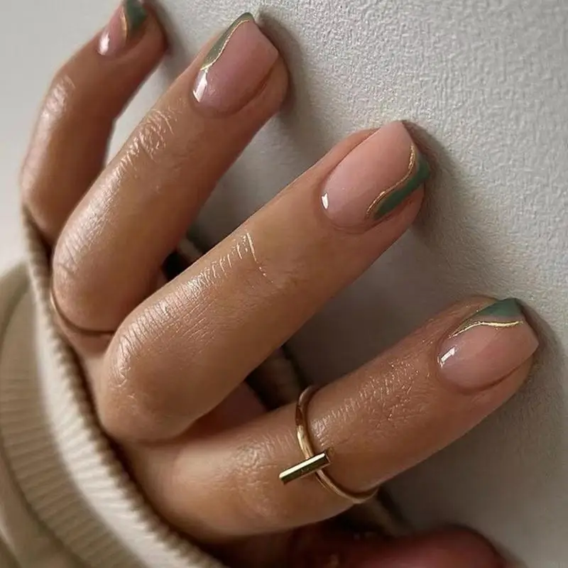 Q1FB 24 PCS Glossy False móng tay xoáy acrylic French Tip nhấn trên móng tay