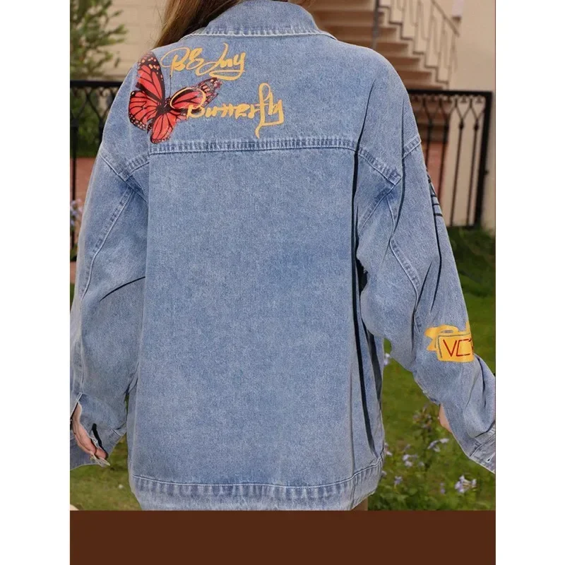 Women’s Jacket Streetwear Hip Hop Butterfly Floral Flowers Graphic Print Denim Jackets 2023 Harajuku Fashion Blue Jean Coats