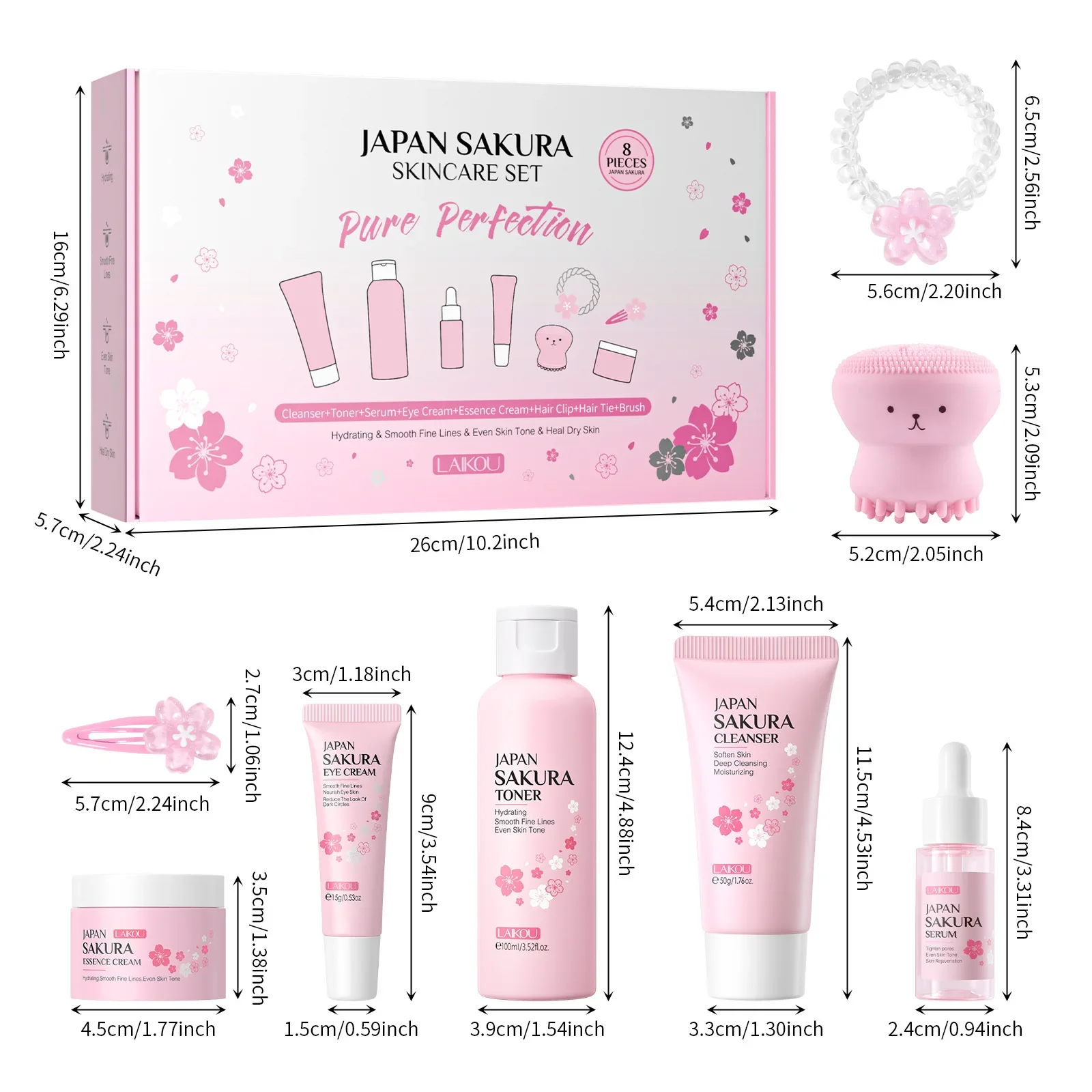 8pcs/Set Sakura Skin Care Sets Facial Cleanser, Toner, Essence, Eye Cream, Essence Cream, Hairpin, Hair Tie, Pink Octopus