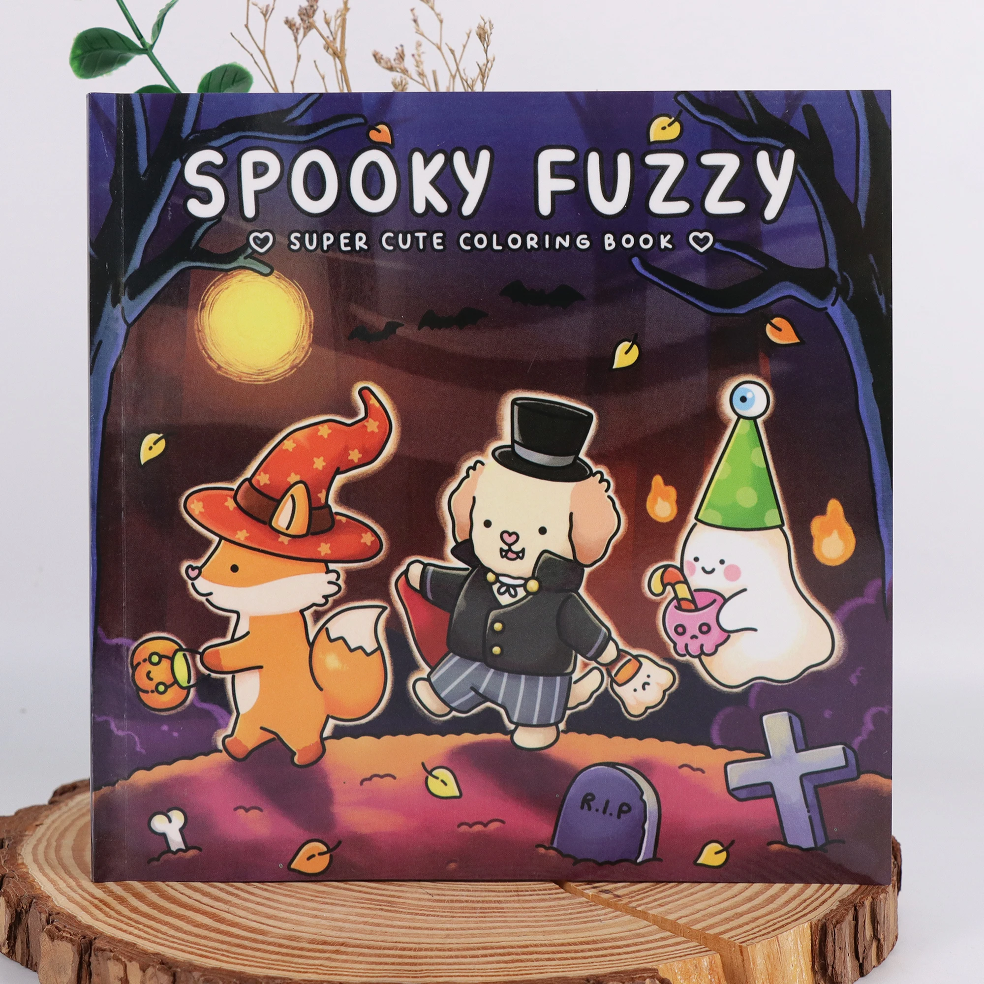 Spooky Fuzzy Cute Coloring Book, 21x21cm Halloween Ghost Fox Dog Coloring Pages with Witch Hat Bats & Graveyard, Relaxing Stress