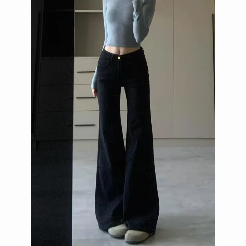 

Women Black Micro Flare Denim Long Pants Autumn Winter New Style Design Sense Stretchy Slimming Wide Leg Horseshoe Pants