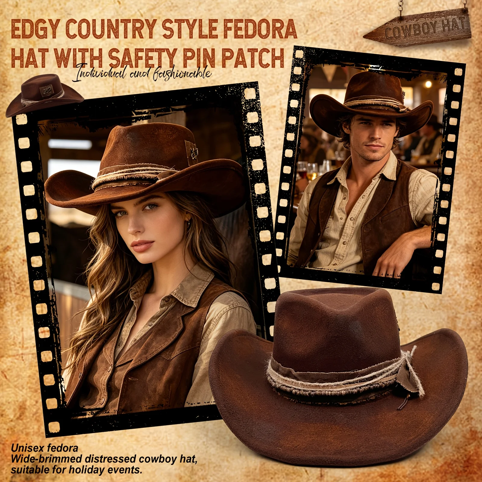 

Western Retro Cowboy Hat: Distressed Brown Flannel Hat with Braided Strap - Versatile Upturned Brim Fold Hat - Suitable for Outdoor Camping and Travel