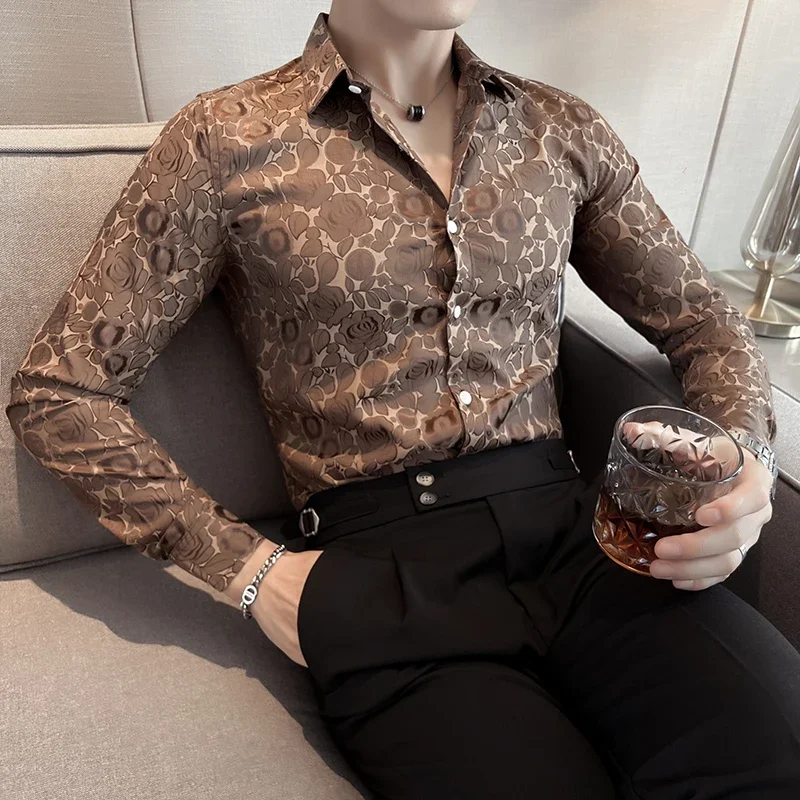 

Fashion Long-Sleeved Floral Shirts for Men Autumn Turn-down Collar Korean Luxury Business Slim Fit Social Party Shirts Tuxedo