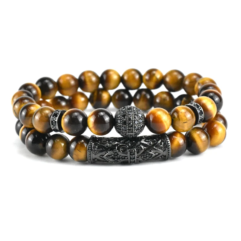 Luxury Natural Tiger Eye Stone Beads Bracelet For Men 10mm Black CZ Ball Charm Bracelets Handmade Jewelry Pulseiras
