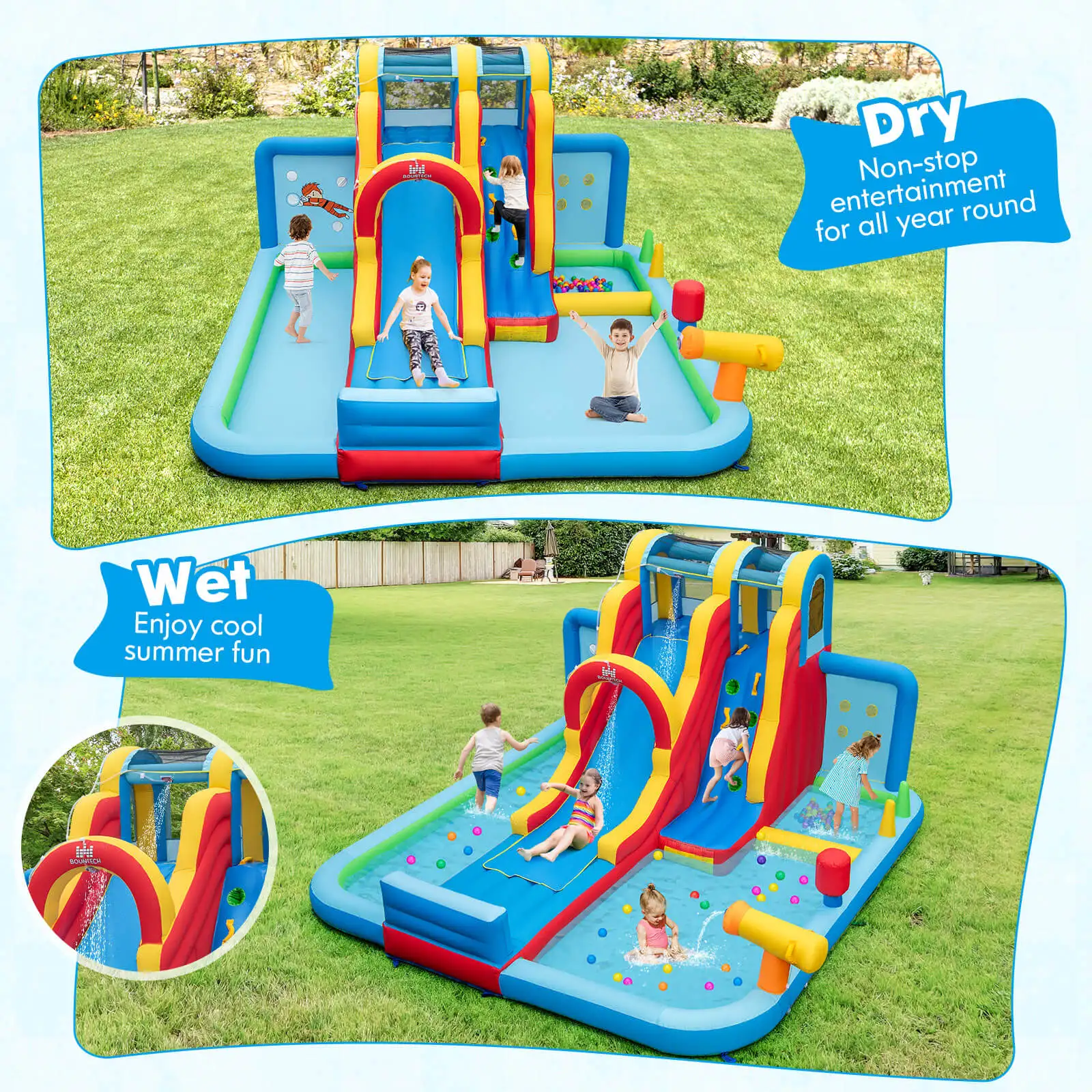 Inflatable Water Slide w/ Long Slide Climbing Wall Splash Pools with 735W Blower