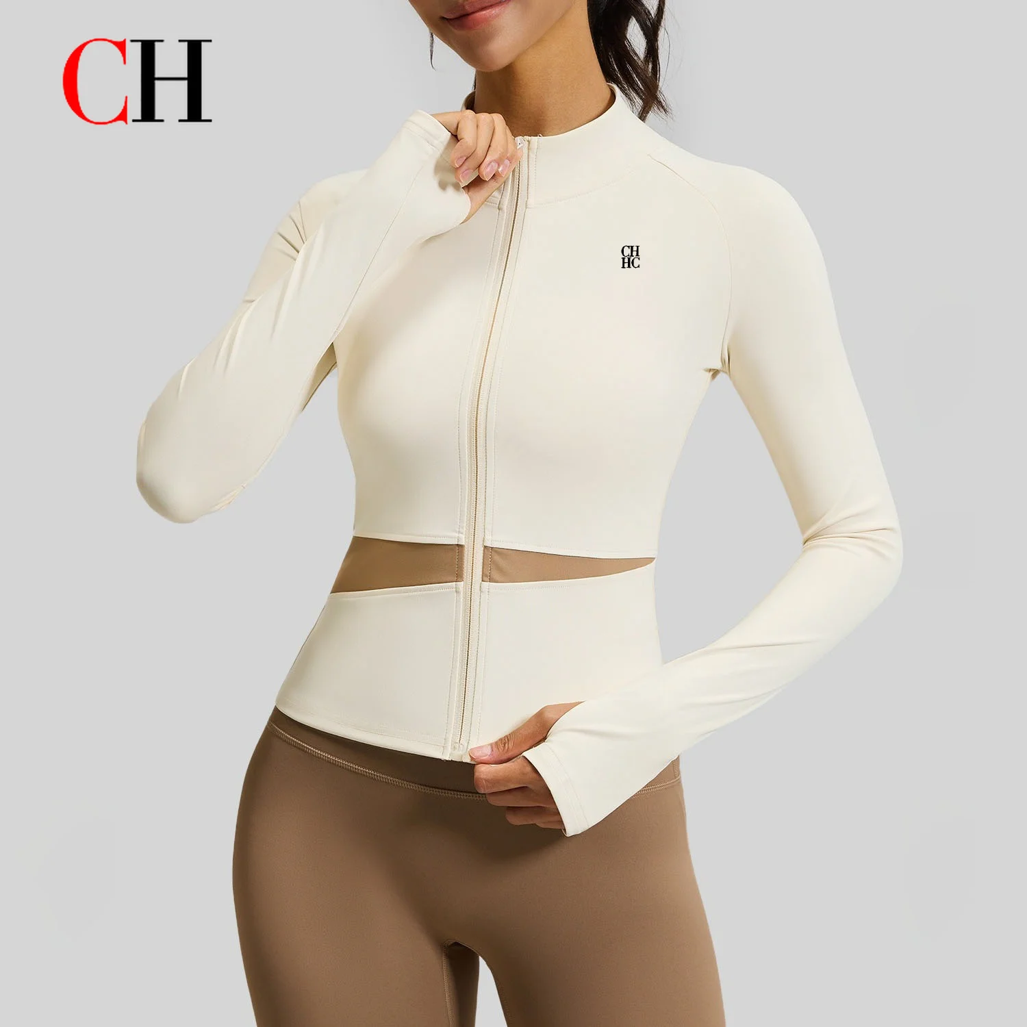 CH Women Contrast Panel Zip Up Jacket Long Sleeve Stand Collar Gym Top Yoga Fitness Running Sportswear