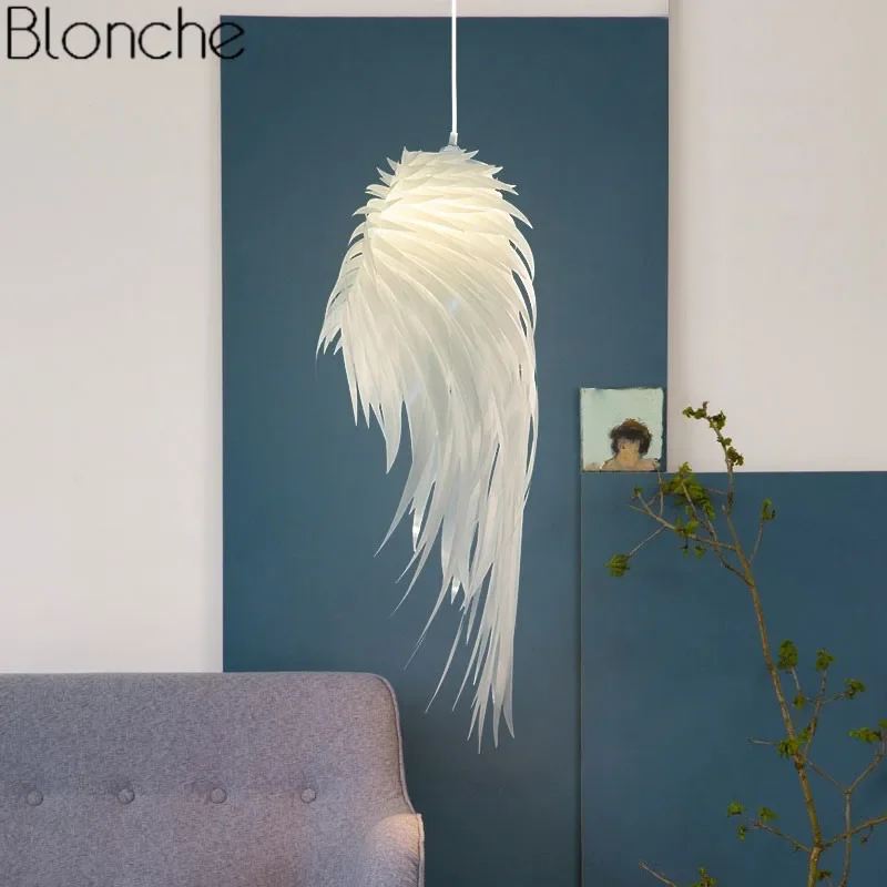 Modern PVC White Feather Pendant Lights Romantic Angel Wings Hanging Lamp Luminaire for Bedroom Home Decor LED Lighting Fixtures