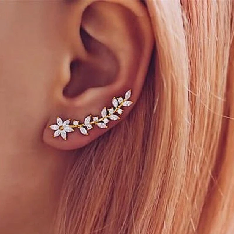 Huitan Aesthetic Flower Stud Earrings Climb Ear Earrings Exquisite Women's Ear Accessories with Dazzling CZ New Fashion Jewelry