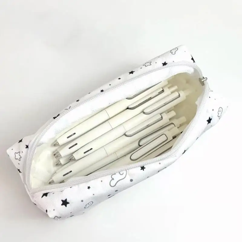 1Pcs Canvas Pencil Pouch Star Cloud Bow Print Large Capacity Zipper Pen Bag Perfect Gift for Teen Students