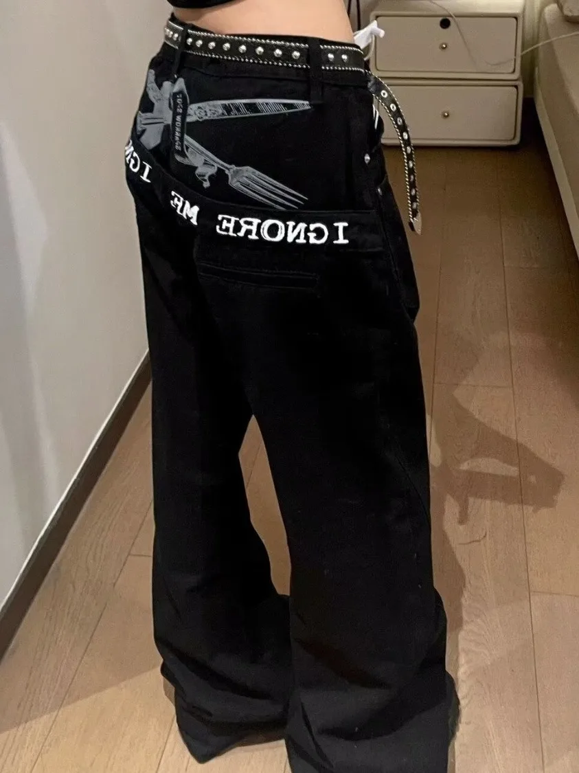 

Retro American Letter Embroidery Hoof Jeans Men Women Casual Micro Flared Straight Leg Denim Pants Youth ular