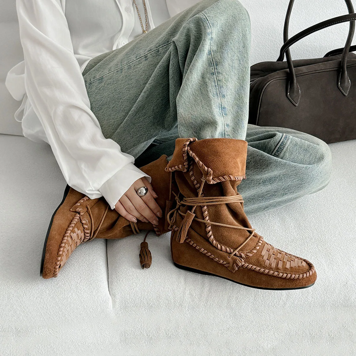 Arden Furtado Cow suede Increased Internal Tassels boots Round toe slip-on Middle heel Short boots Western boots