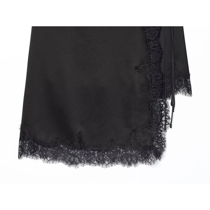 Sexy feminino renda guarnição preto cetim saia amarrando mid-rise fenda hem assimétrico midi saia faldas mujer