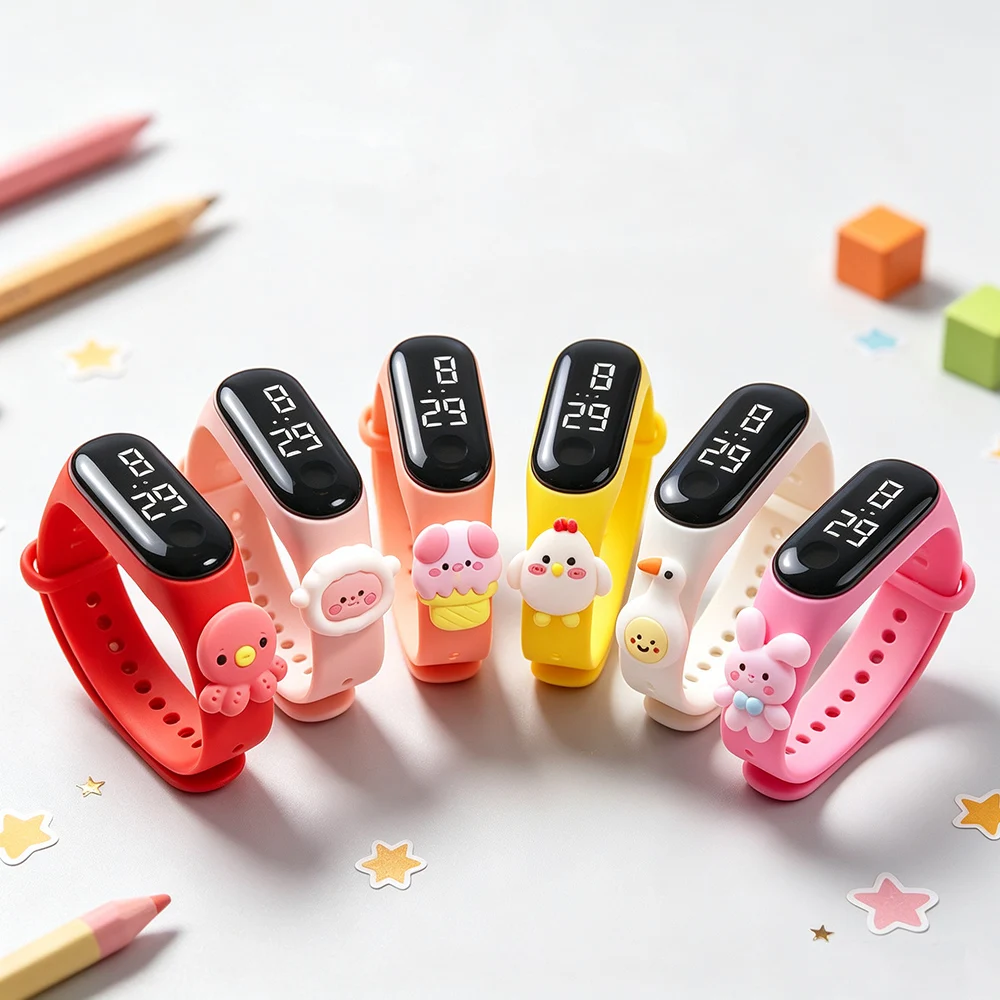 6pcs LED Playful Ice Cream Pig Children Watches for Girls 3D Cartoon Rabbit Kids Sports Watch School Student Waterproof Digital