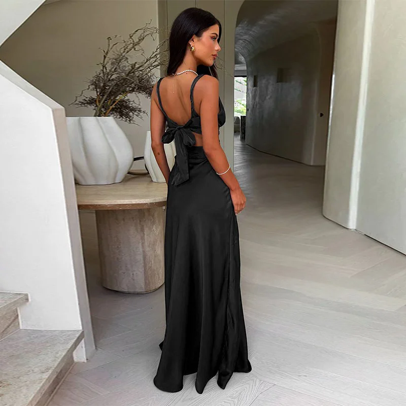 Tornova Deep V Neck Hollow Long Dress Female Sleeveless Slit Beach Vacation Dress Solid Color High Waist Bodycon Women's Dress