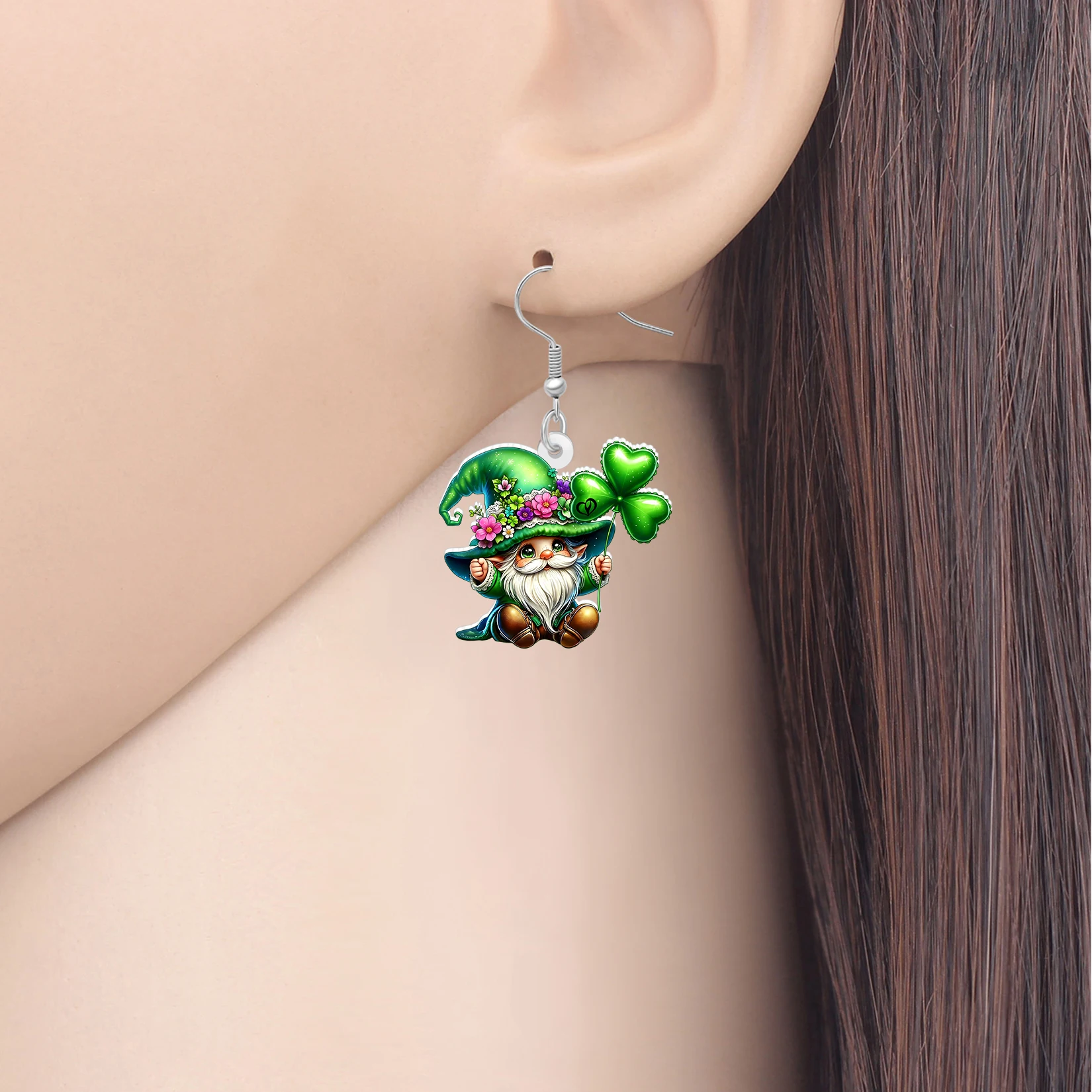 BONSNY Acrylic St Patricks Day Leprechaun Earrings Floral Green Shamrock Spring Garden Gnomes Irish Jewelry Luck Gifts For Women