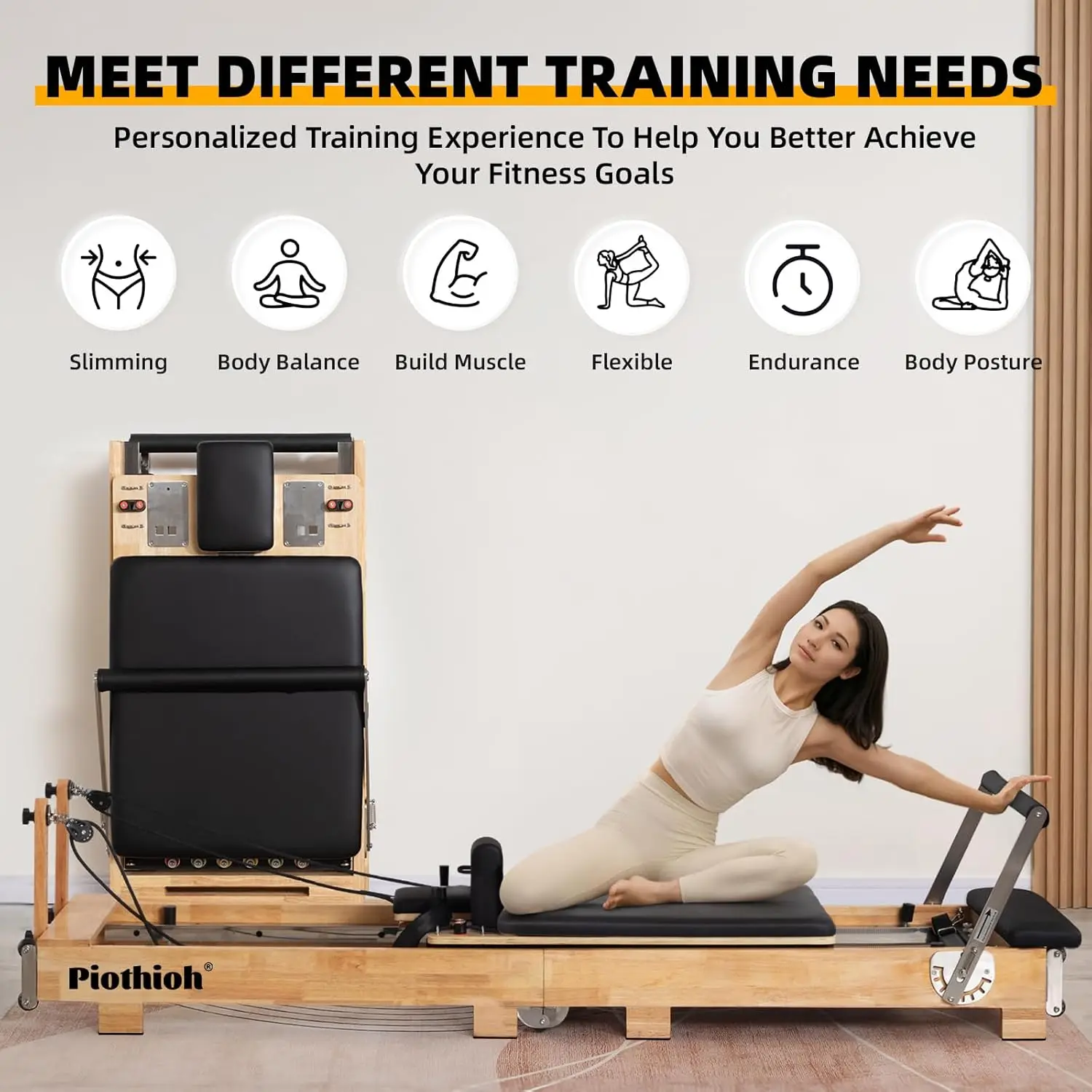 Pilates Reformer Machine, Portable Pilates Reformer Wood Foldable Bed Yoga Exercise Strength Training Foldable Equipment