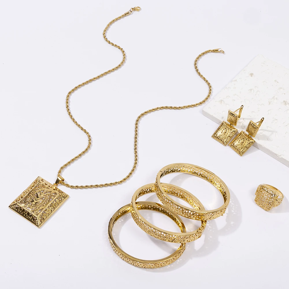 

LUIZADA Марокко комплект ювелирных изделий темного золота цвета для вечеринки, дизайнерские серьги и кулон, ожерелье, браслет, комплект колец для помолвки