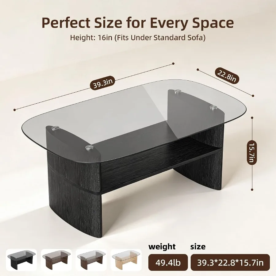 Curved Glass Coffee Table with Wood Frame for Living Room Small Spaces, Clear Glass and Natural Wood, Space-Saving Modern Desig